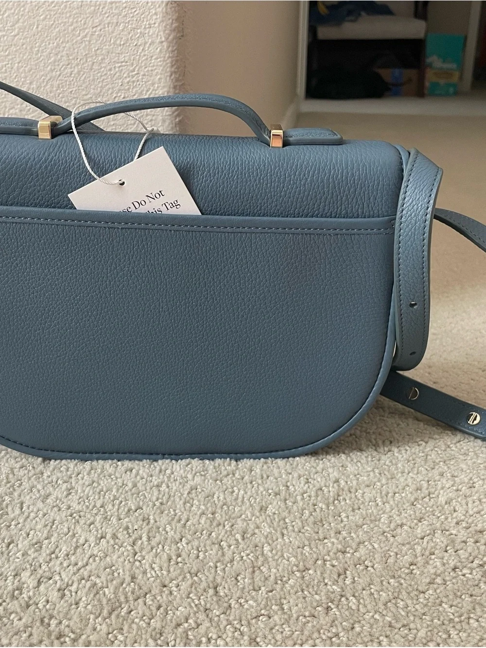 New Blue Leather Crossbody Saddle Bag with Gold Hardware (medium)